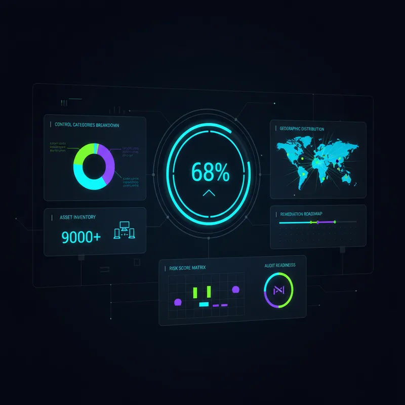 Dashboard ejecutivo mostrando métricas de cumplimiento NIST 800-53