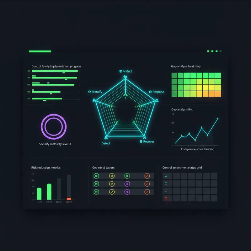 Dashboard de cumplimiento NIST con controles y métricas de madurez